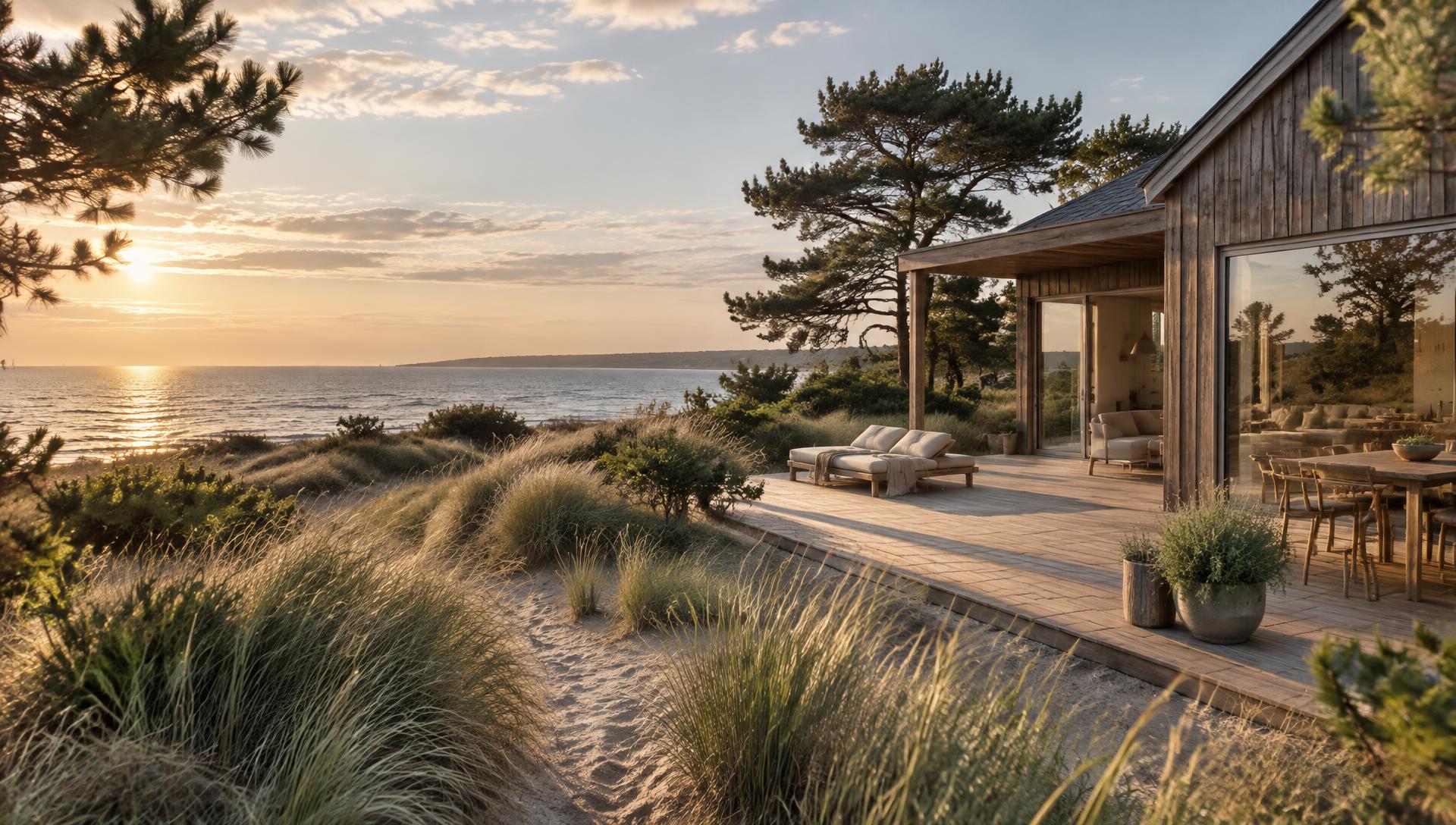 Danish coastal summerhouse among dunes at sunset